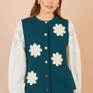 Yumi Teal Flower Applique Knit Waistcoat
