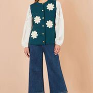 Yumi Teal Flower Applique Knit Waistcoat