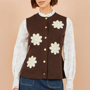 Yumi Brown Flower Applique Knit Waistcoat