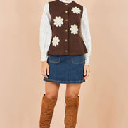Yumi Brown Flower Applique Knit Waistcoat