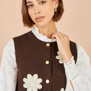 Yumi Brown Flower Applique Knit Waistcoat