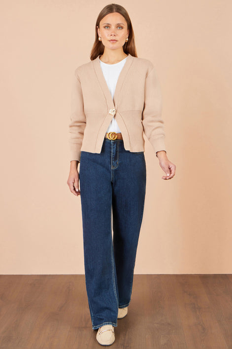 Yumi Beige Knitted Button Cardigan