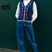 Yumi Navy Embroidered Knitted Waistcoat