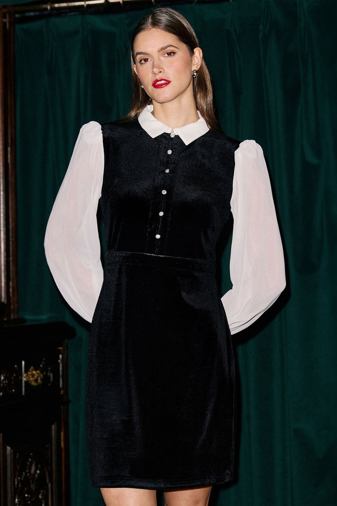 Yumi Black Velvet Mini Dress With Contrast Sleeves