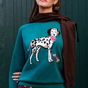 Yumi Teal Dalmatian Intarsia Relaxed Jumper