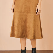 Brown Faux Suede Midi Skirt