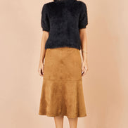 Brown Faux Suede Midi Skirt