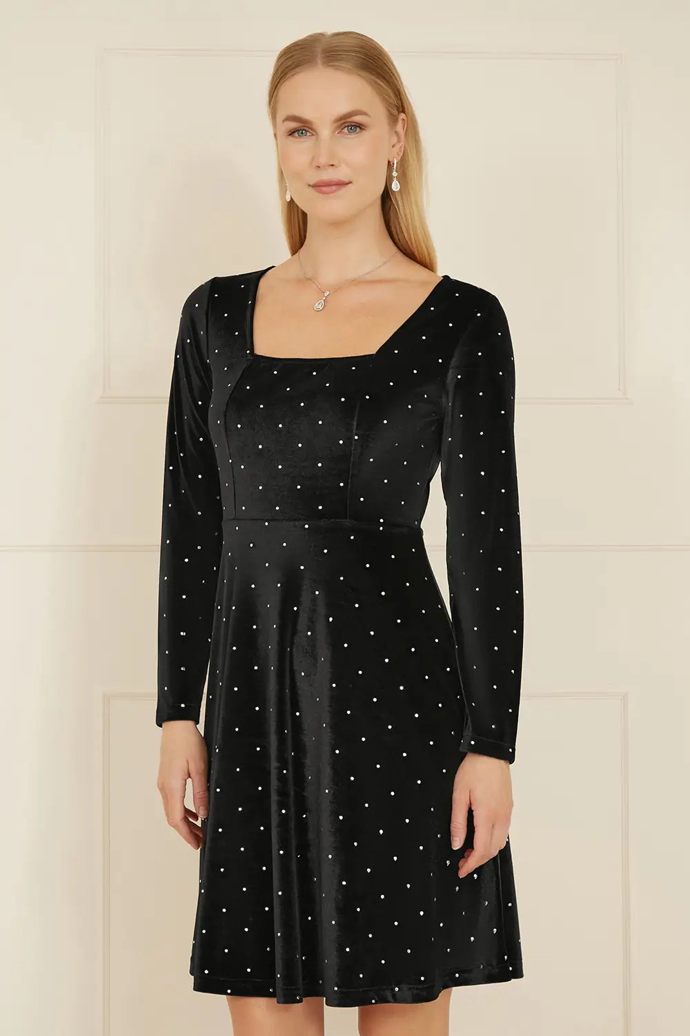 Yumi Black Skater Dress with Diamantes and Long Sleeve