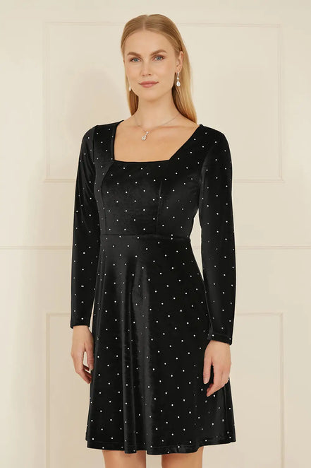 Yumi Black Skater Dress with Diamantes and Long Sleeve