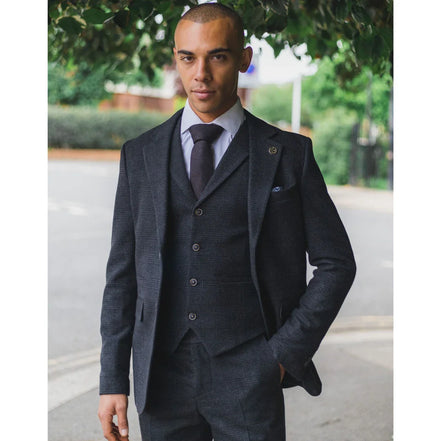 AK-11 - Men's Black Tweed 3 Piece Suit Check 1920s Gatsby Blinders