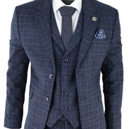 AK-13 - Men's Tweed 3 Piece Suit Blue Check 1920s Gatsby Blinders