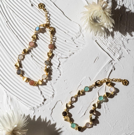 Gold Sara Mixed Gemstone Bracelet: Peach Moonstone, Labradorite & Moonstone