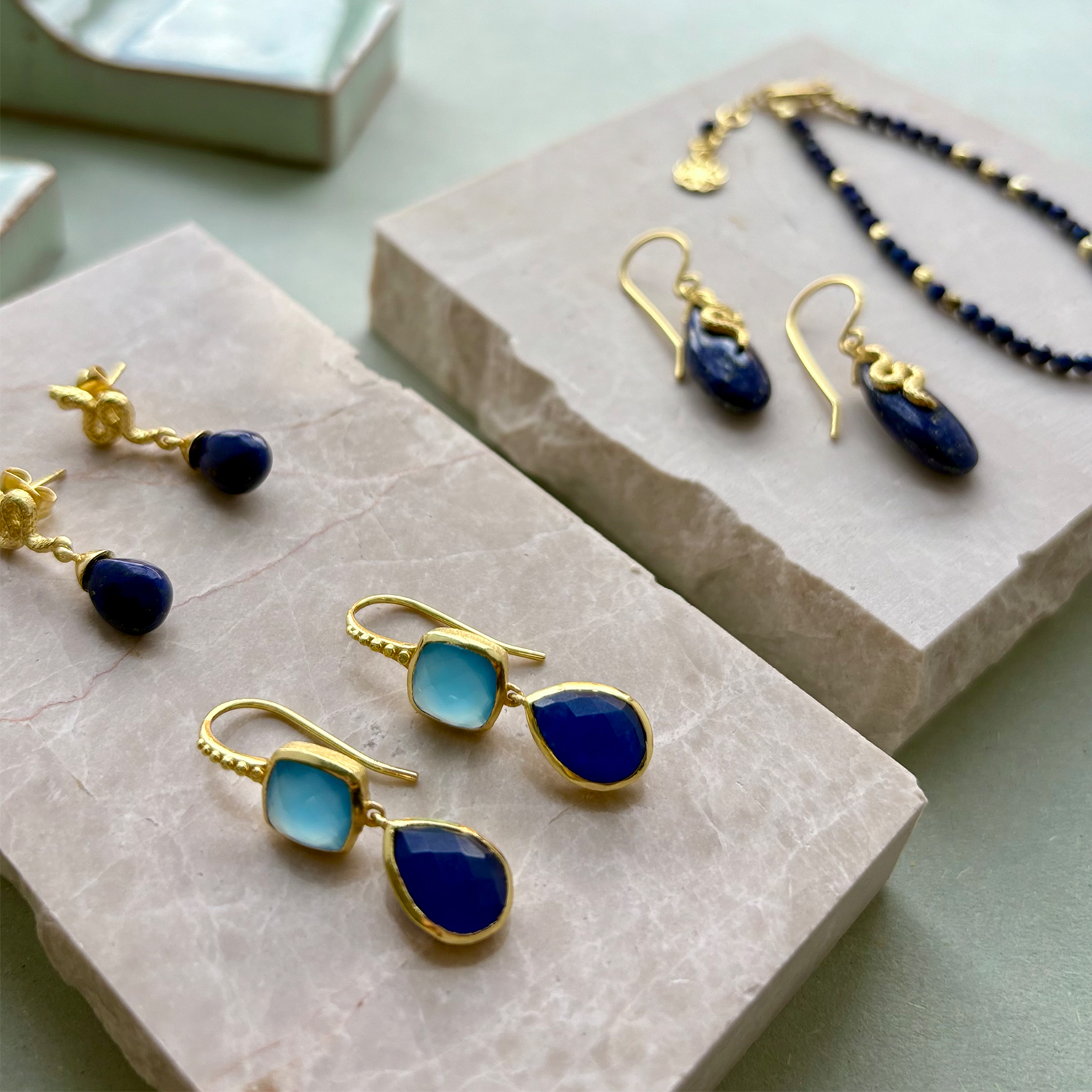 Charis Double Gemstone Earrings Blue Chalcedony & Blue Jade