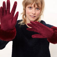 Louche Emer Faux Suede And Fur Cuffed Touch Screen Gloves - Burgundy