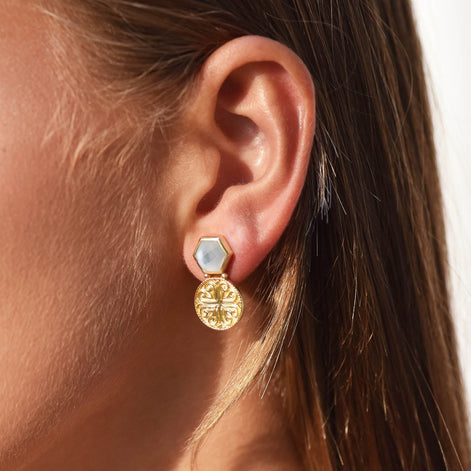 Thea Hexagon Gemstone Stud Earrings with Ornate Coins:  Mother of Pearl with Crystal