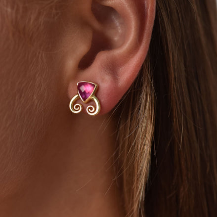 Trillion Doublet and Scroll Studs: Mother of Pearl with Pink Doublets