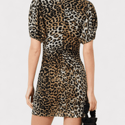 GANNI Ruched Mesh Mini Dress Leopard Print