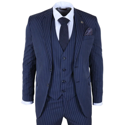 IM43 - Men's Classic Pinstripe 3 Piece Navy Blue Suit