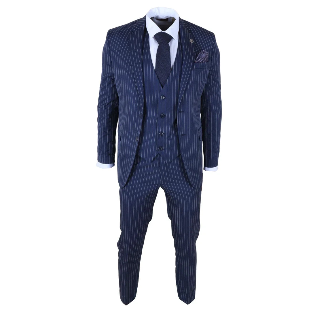 IM43 - Men's Classic Pinstripe 3 Piece Navy Blue Suit