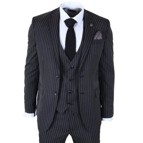 IM45 - Men's Classic Pinstripe 3 Piece Black Suit
