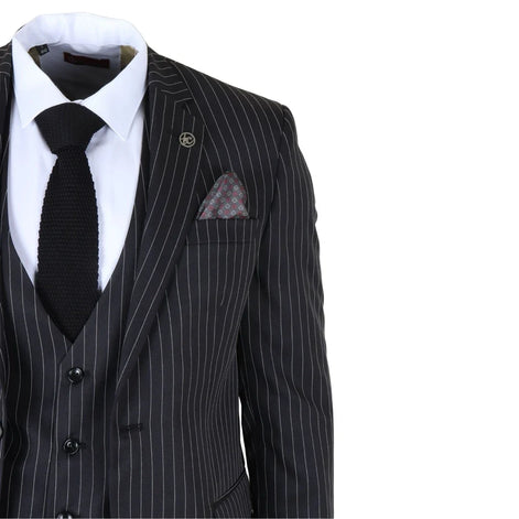 IM45 - Men's Classic Pinstripe 3 Piece Black Suit