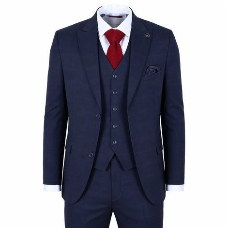 IM54 - Men's Navy Blue Check Tailored Fit 3 Piece Suit