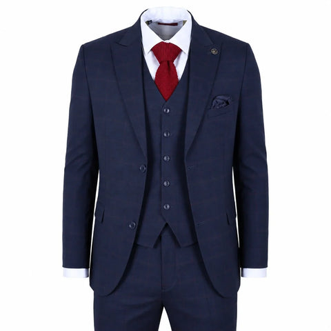 IM54 - Men's Navy Blue Check Tailored Fit 3 Piece Suit