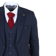 IM54 - Men's Navy Blue Check Tailored Fit 3 Piece Suit