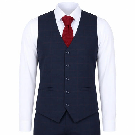 IM54 - Men's Navy Blue Check Tailored Fit 3 Piece Suit