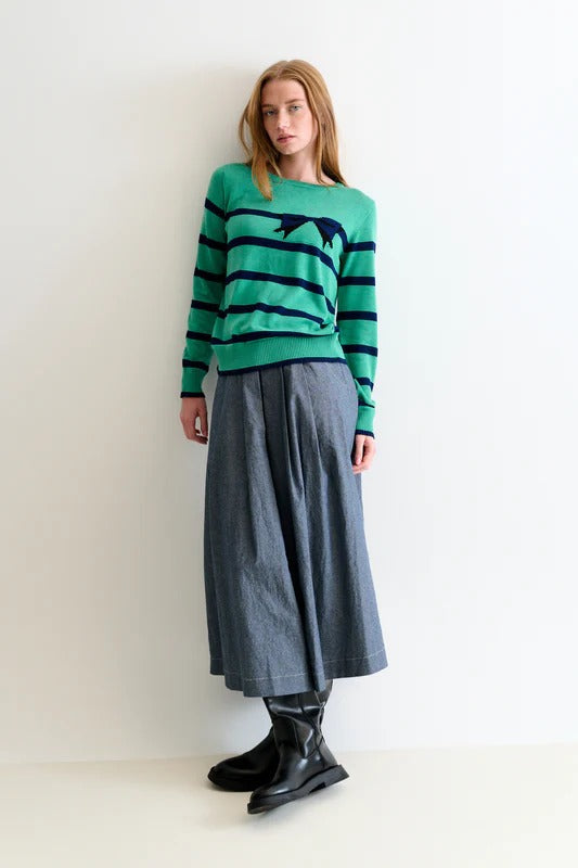 Bly Bow Intarsia Striped Jumper - Navy