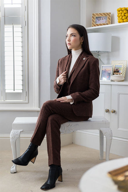WS-12 - Women's Tweed Suit Blazer Trousers Waistcoat Herringbone Wool Rust Brown