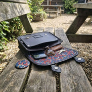 Floral Lined Leather Midi Satchel - Navy