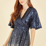 Yumi Navy and Silver Ombre Sequin Midi Wrap Dress