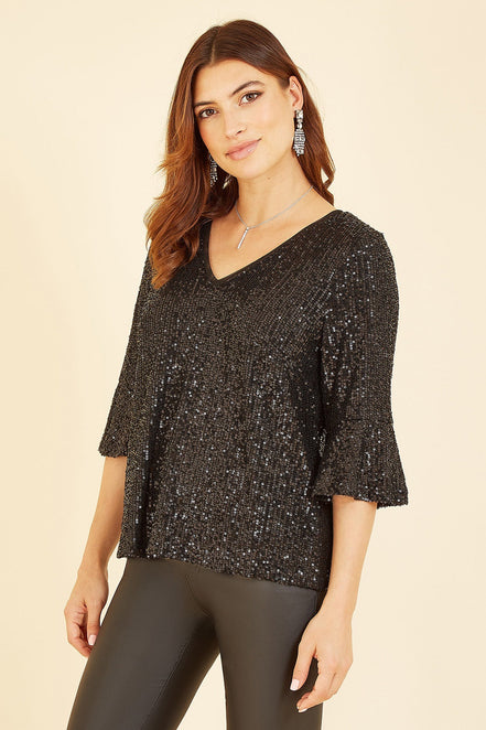 Yumi Black Sequin Top with Fluted Sleeve