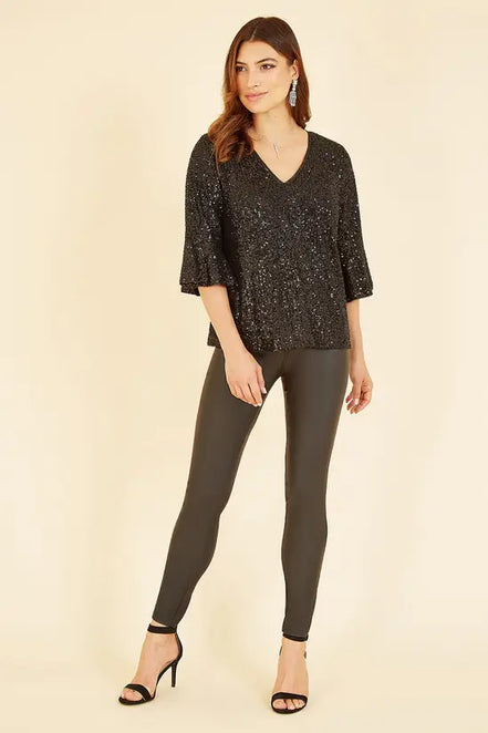 Yumi Black Sequin Top with Fluted Sleeve