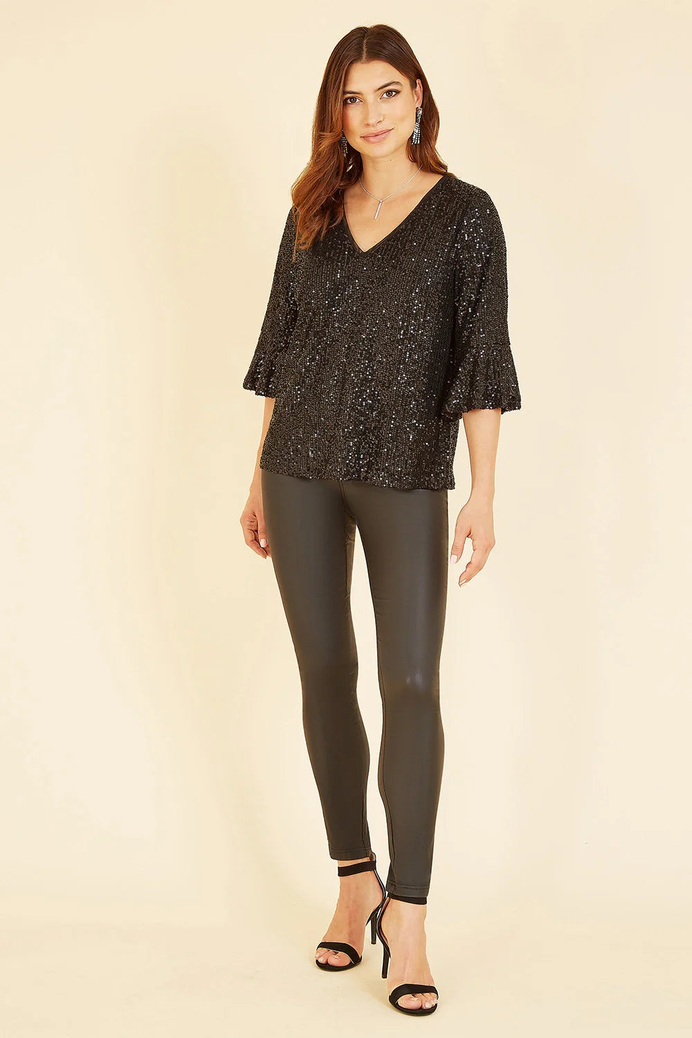 Yumi Black Sequin Top with Fluted Sleeve