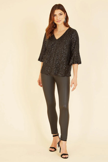 Yumi Black Sequin Top with Fluted Sleeve