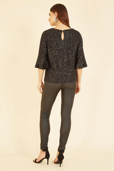 Yumi Black Sequin Top with Fluted Sleeve