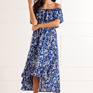 Mela Blue Ditsy Print Bardot Dipped Hem Dress