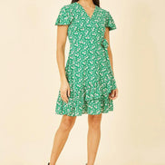 Mela Green Ditsy Floral Wrap Frill Dress