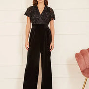 Yumi Black Sequin Embellished Velvet Jumpsuit with Angel Sleeves