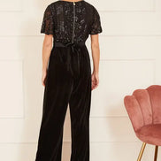 Yumi Black Sequin Embellished Velvet Jumpsuit with Angel Sleeves