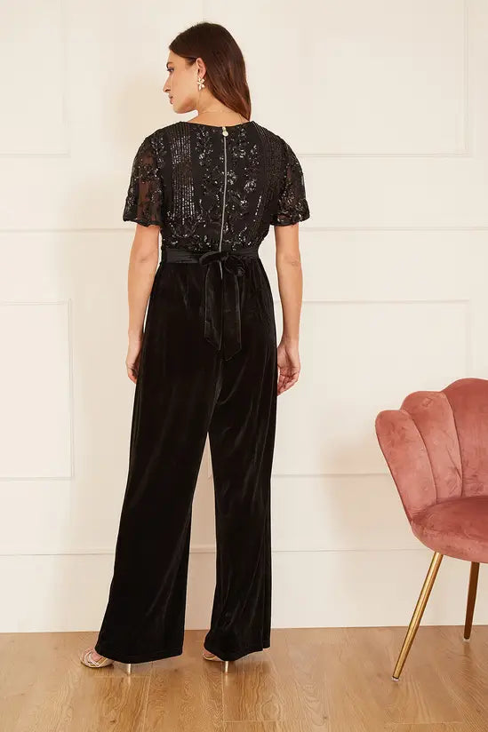 Yumi Black Sequin Embellished Velvet Jumpsuit with Angel Sleeves