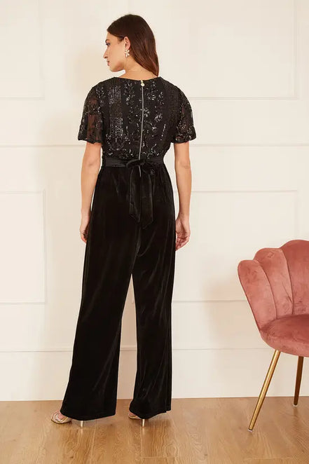 Yumi Black Sequin Embellished Velvet Jumpsuit with Angel Sleeves