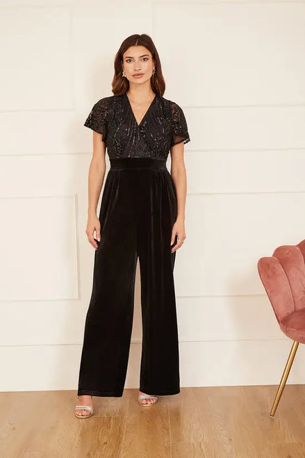 Yumi Black Sequin Embellished Velvet Jumpsuit with Angel Sleeves