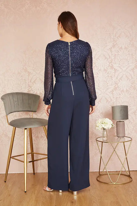 Yumi Navy Sequin Jumpsuit with Long Sleeves