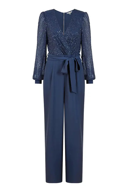 Yumi Navy Sequin Jumpsuit with Long Sleeves