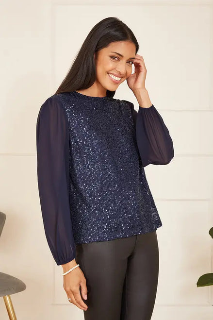 Yumi Navy Sequin Top with Sheer Sleeves