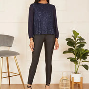 Yumi Navy Sequin Top with Sheer Sleeves