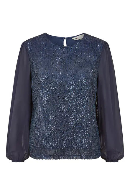 Yumi Navy Sequin Top with Sheer Sleeves